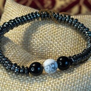 Elegant Black Hematite and White Lunar Rock Unisex Beaded Bracelet